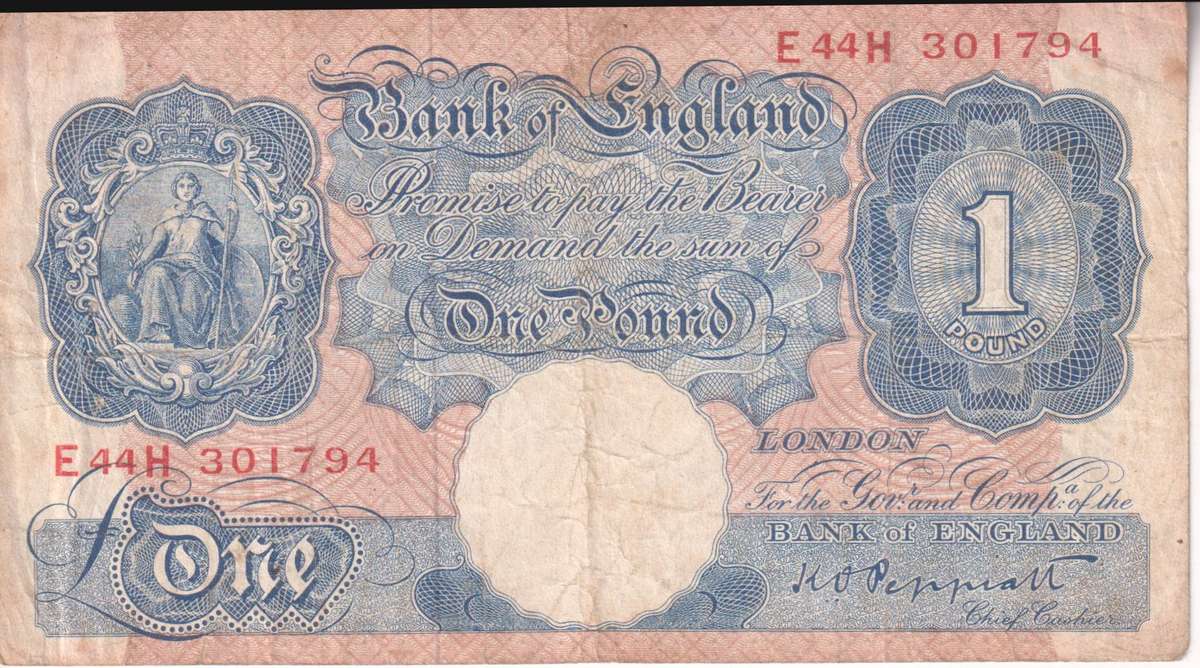 WW2 - Bank of England Great Britain 1 Pound EMERGENCY WARTIME ISSUE 1940-48 P367 F