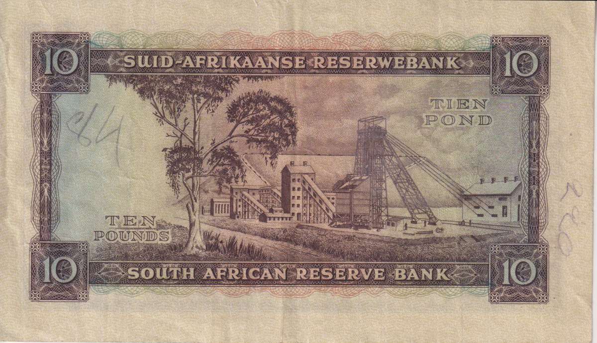 UNION OF SOUTH AFRICA - 10 POUNDS MH DE KOCK 1955 3RD ISSUE D/2  #208 VF