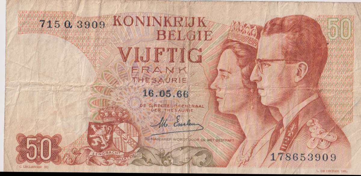 Belgium,  50 Francs - Baudouin I 1966 P139 VF