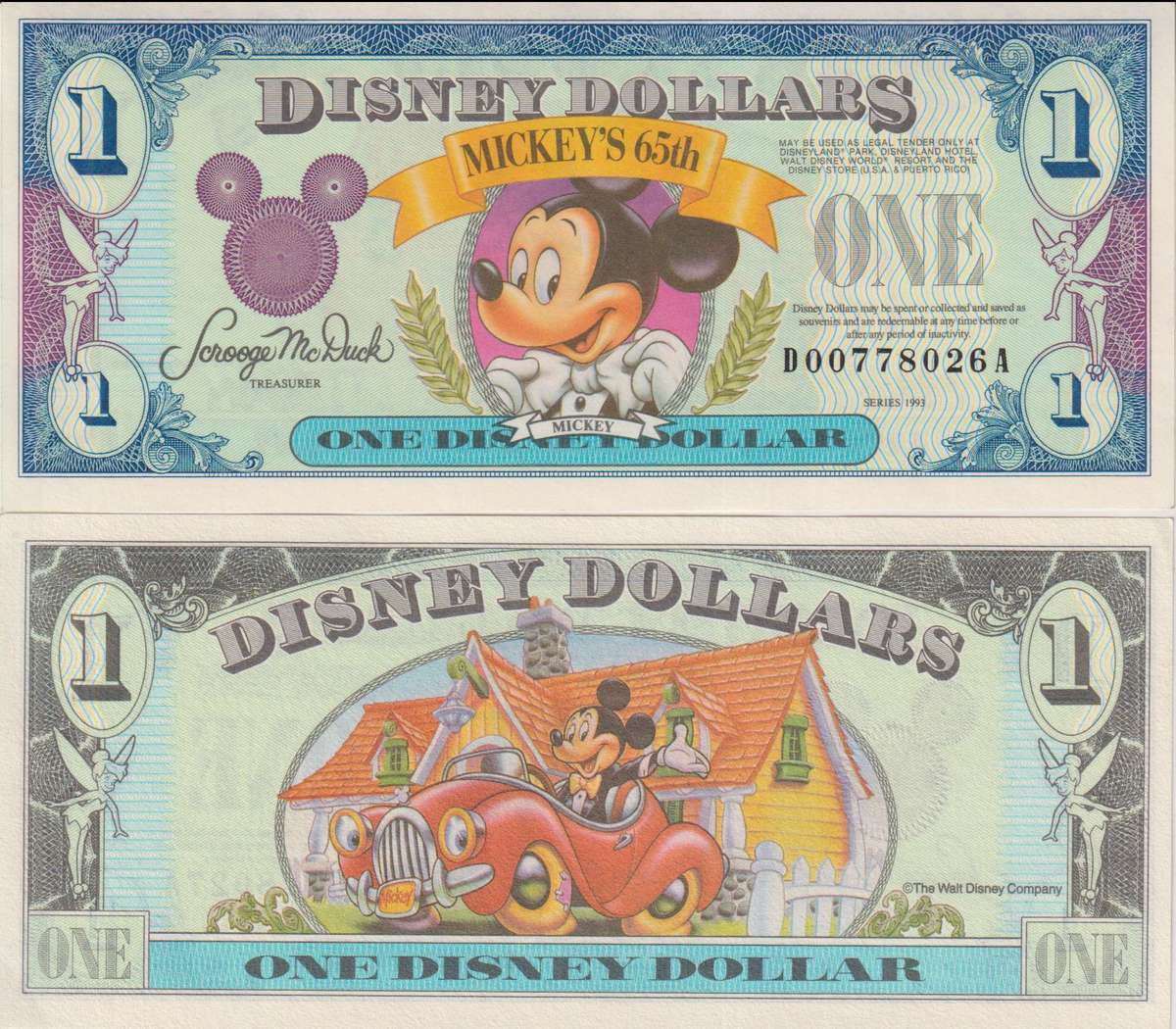 DISNEY DOLLARS - 1 Dollar Banknote - Mickeys 65th (Series 1993) - UNC
