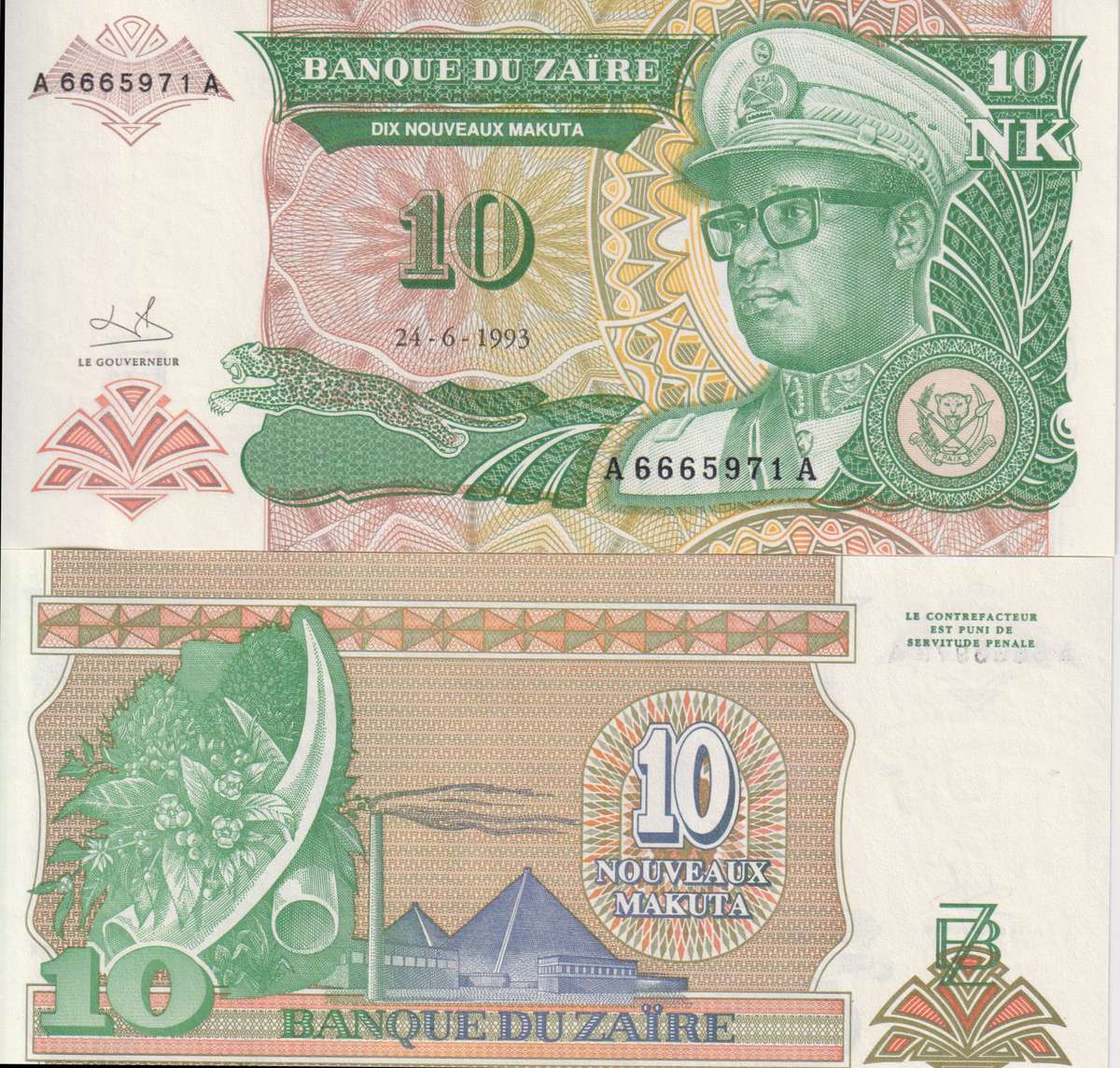 Zaire 10 NOUVEAU MAKUTA 1993  P49 UNC