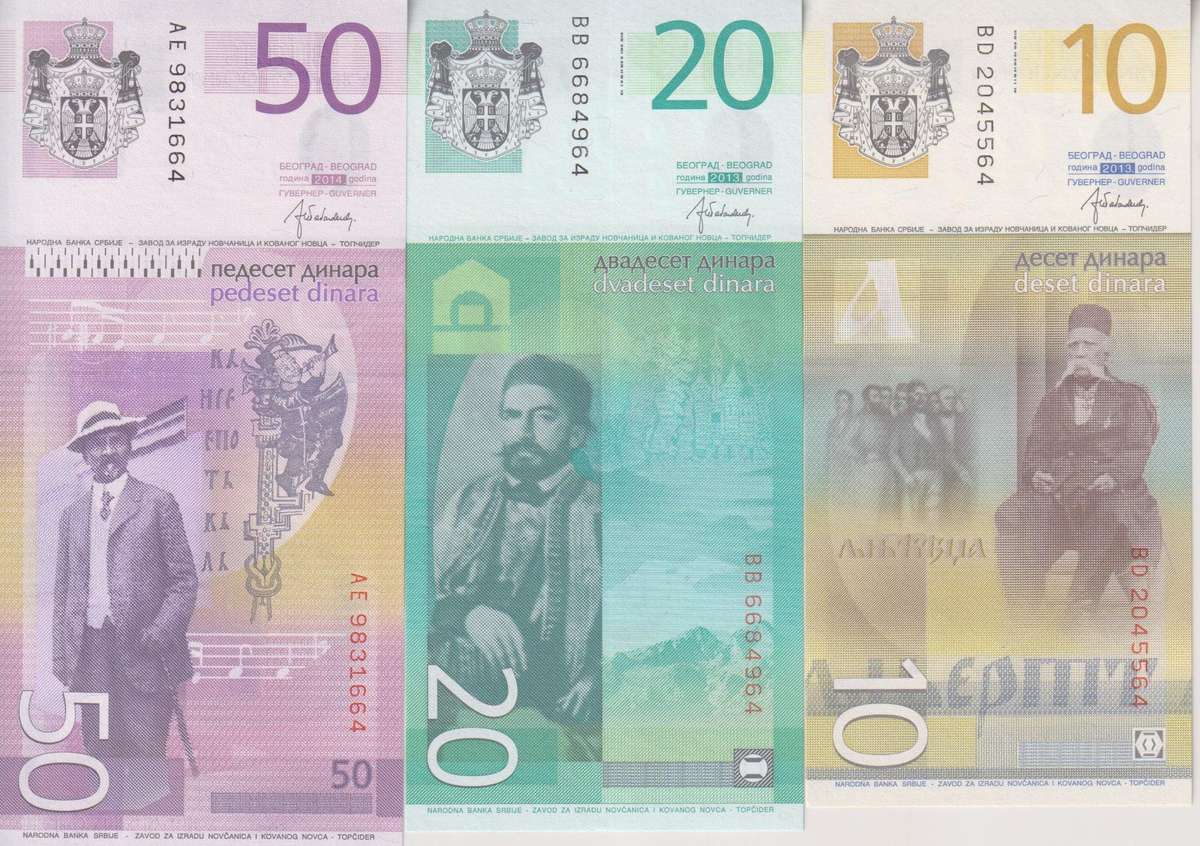 Serbia 10, 20, 50 Dinara 3 Pieces Full Set, 2013-2014, P-54-56, UNC
