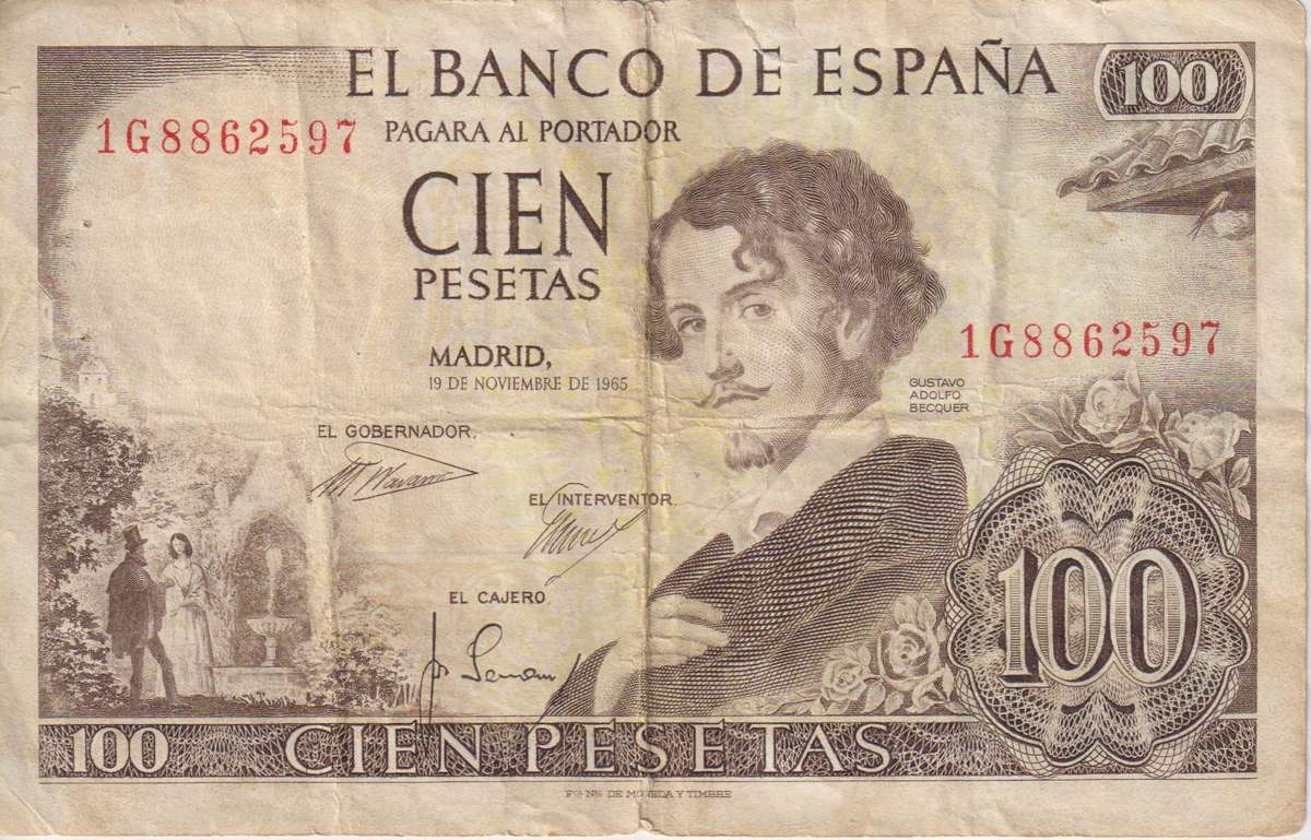 SPAIN 100 PESETAS 1965 P150  F