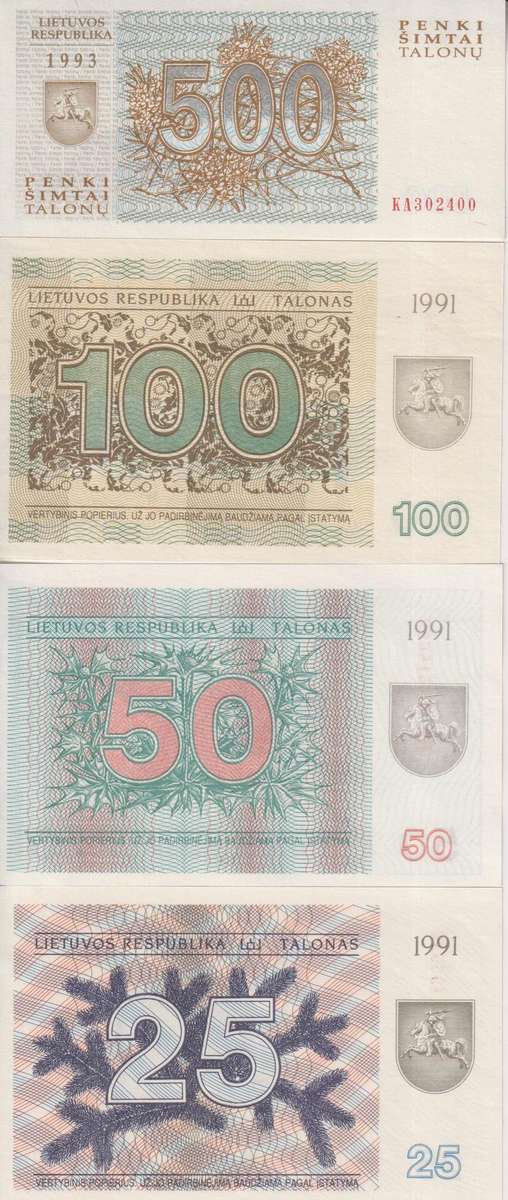 LITHUANIA set of 8 banknotes 1-500 TALONAS 1991 P32-P38, P46 UNC. See 4 scans