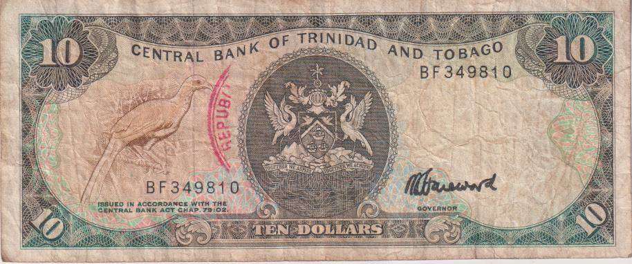 Trinidad and Tobago 10 Dollar Banknote, 1985, P38  F