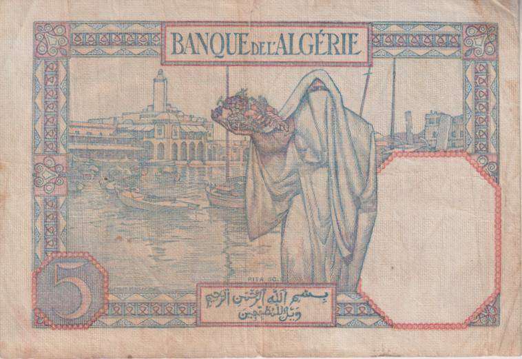 ALGERIA 5 Francs 1941 P77a  VG (tear top centre)