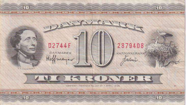 DENMARK 10 KRONER 1974 P44ai VF