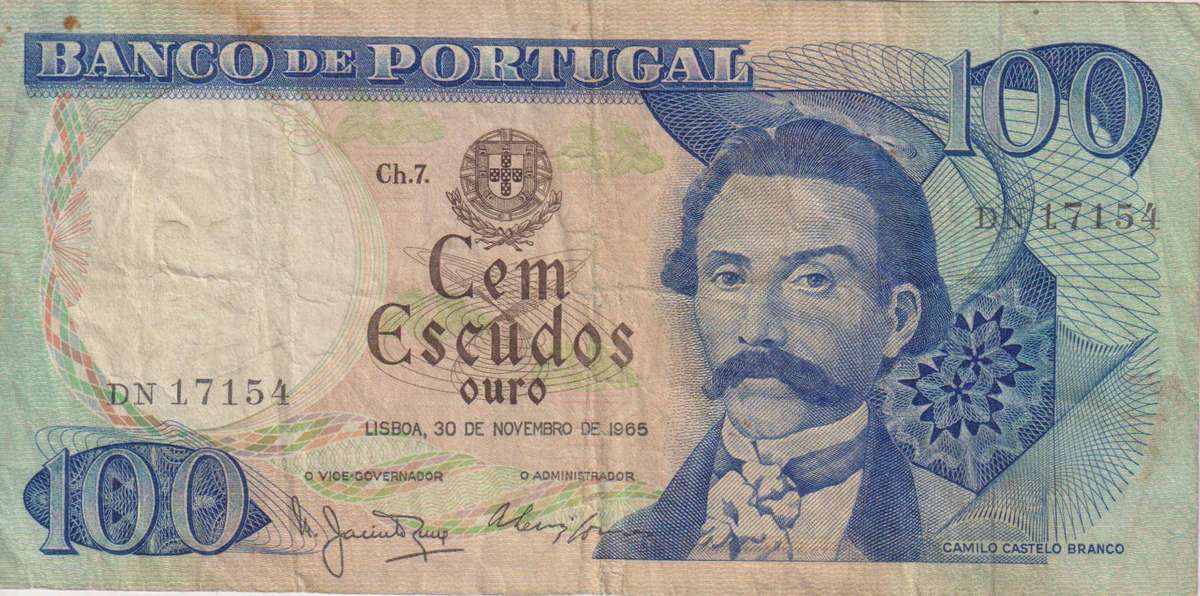 PORTUGAL 100 ESCUDOS 1965 P-169  VF