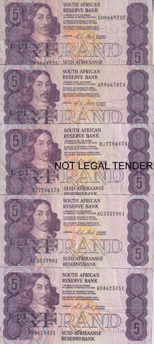 SOUTH AFRICA - 5 X STALS FIVE RAND NOTES - USED