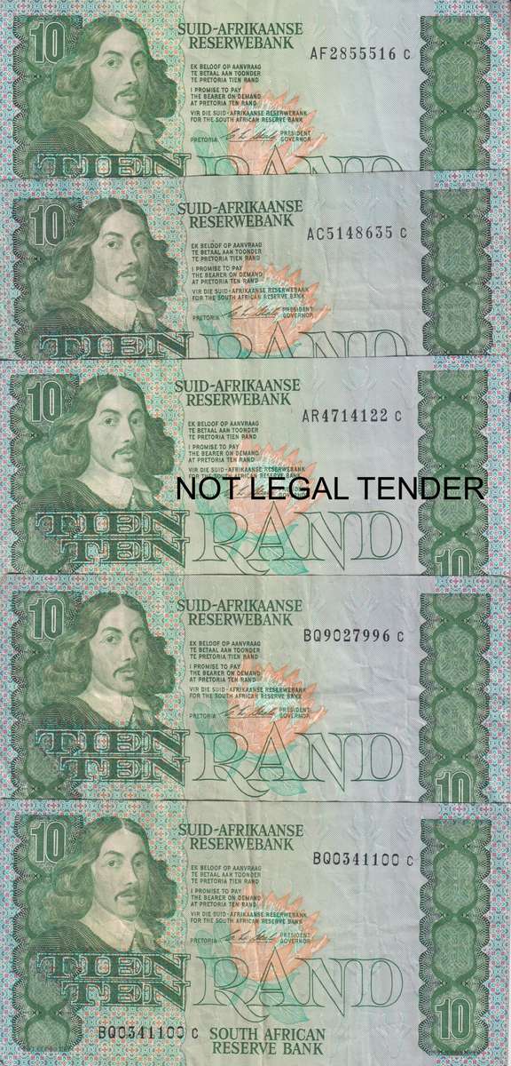 SOUTH AFRICA - 5 X Gerhard de Kock TEN RAND NOTES - USED