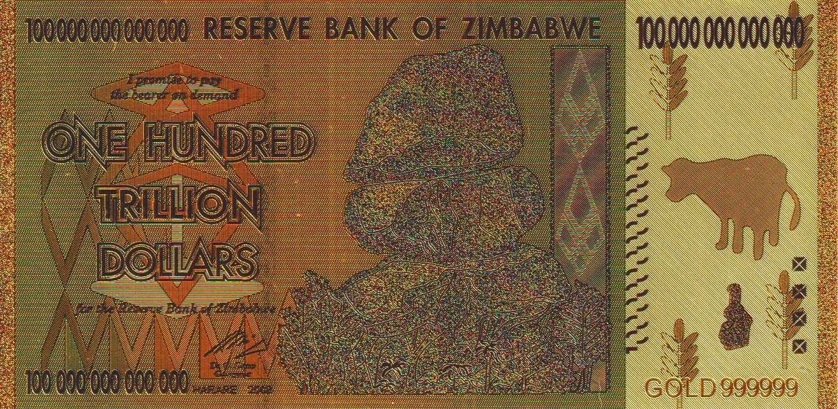ZIMBABWE 100 TRILLION DOLLARS NOVELTY NOTE -  GOLD FOIL PLASTIC PLATED - BEAUTIFUL GIFT