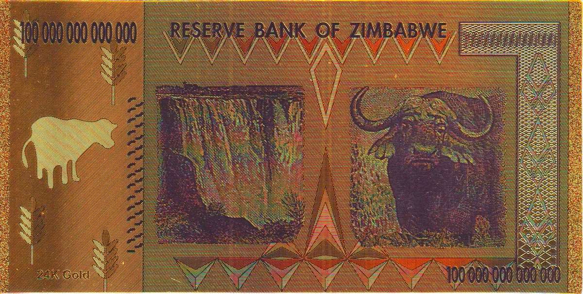 ZIMBABWE 100 TRILLION DOLLARS NOVELTY NOTE -  GOLD FOIL PLASTIC PLATED - BEAUTIFUL GIFT