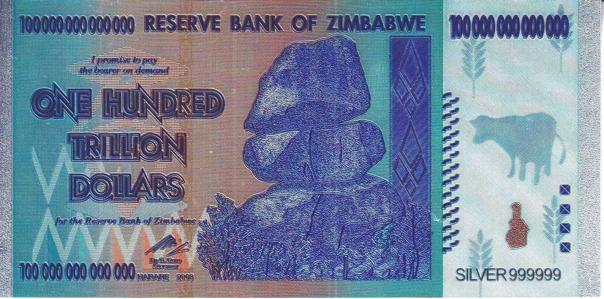 ZIMBABWE 100 TRILLION DOLLARS NOVELTY NOTE -  SILVER FOIL PLASTIC PLATED - BEAUTIFUL GIFT
