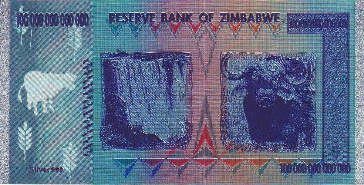 ZIMBABWE 100 TRILLION DOLLARS NOVELTY NOTE -  SILVER FOIL PLASTIC PLATED - BEAUTIFUL GIFT