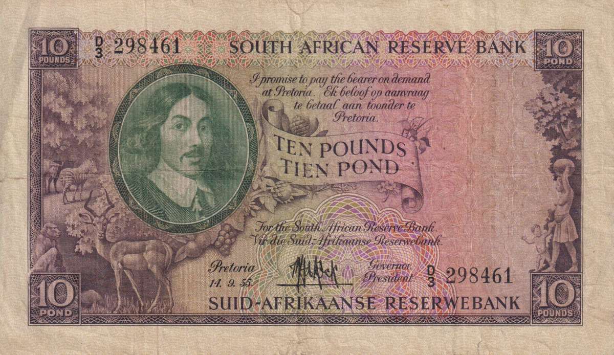 UNION OF SOUTH AFRICA - 10 POUNDS MH DE KOCK 1955 D/2  #213  F