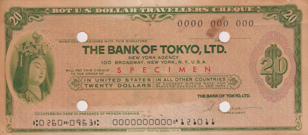 STUNNING! US TRAVELLER'S CHEQUE - $20 - BANK OF TOKYO LTD - SPECIMEN