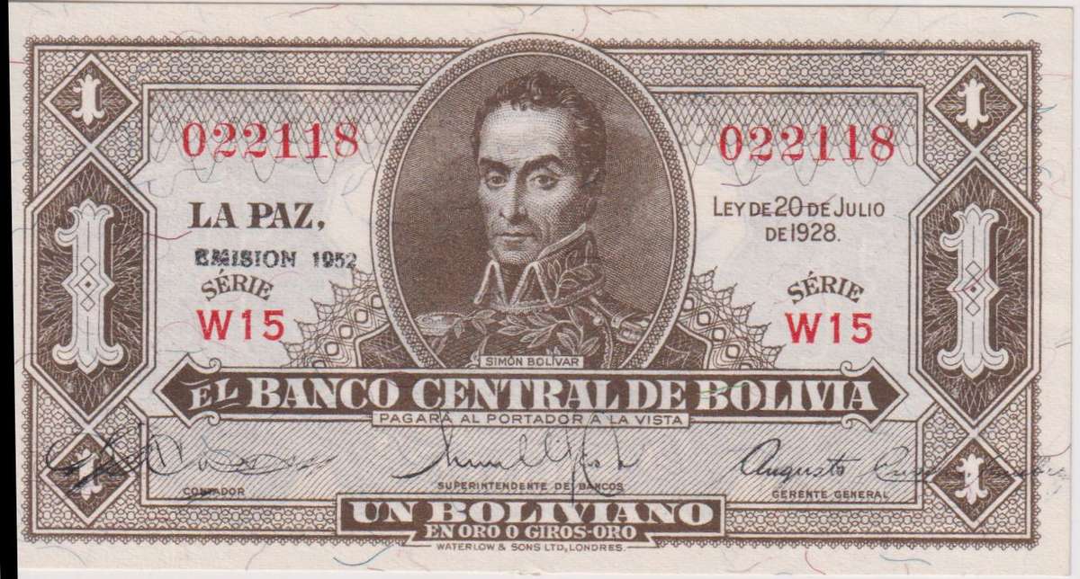 BOLIVIA 1 BOLIVIANO 1928 P128a SERIES W15 UNC