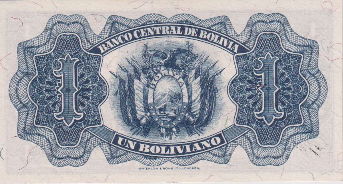 BOLIVIA 1 BOLIVIANO 1928 P128a SERIES W15 UNC