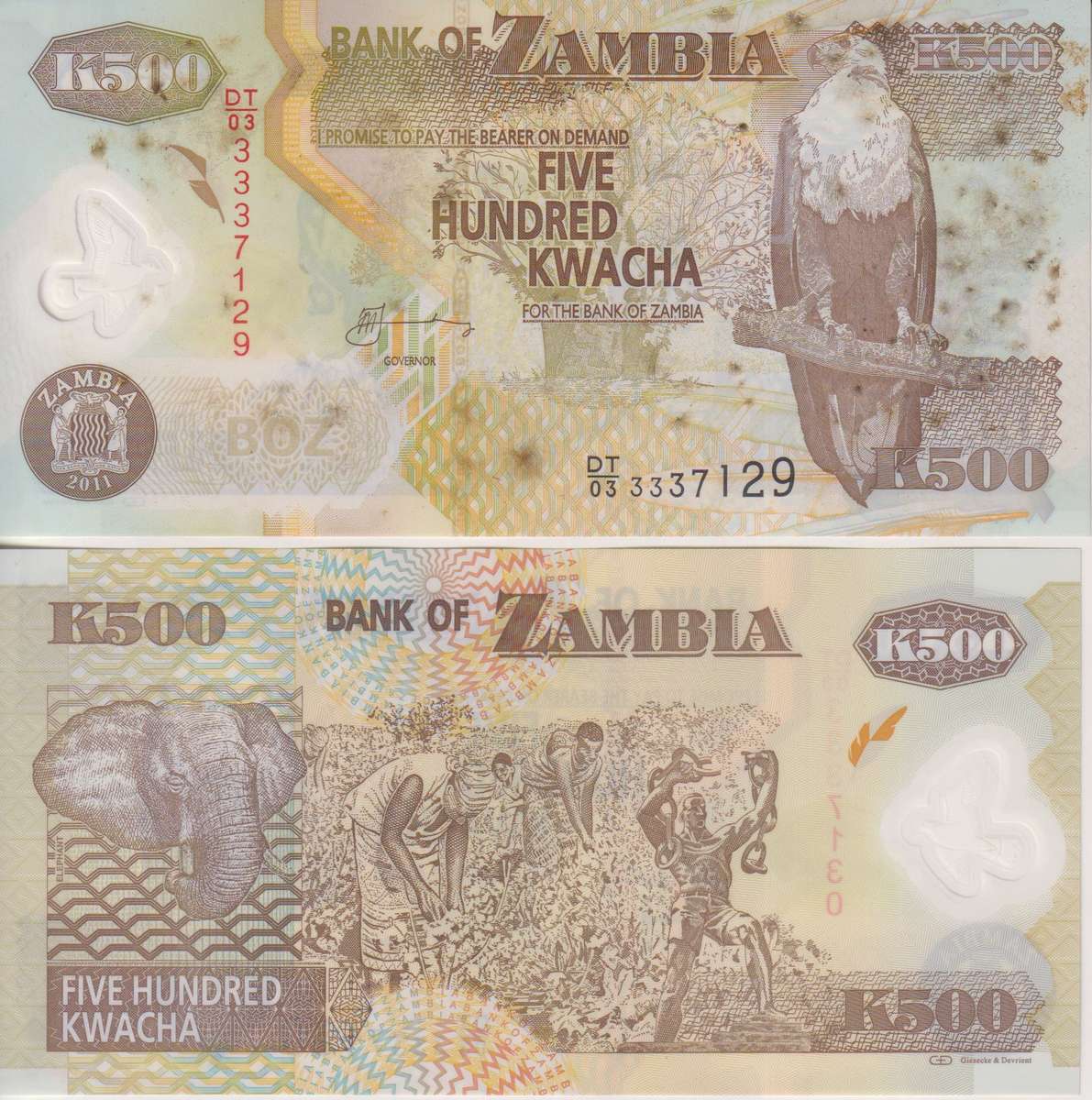 ZAMBIA 500 KWACHA 2011 P43 UNC (POLYMER)