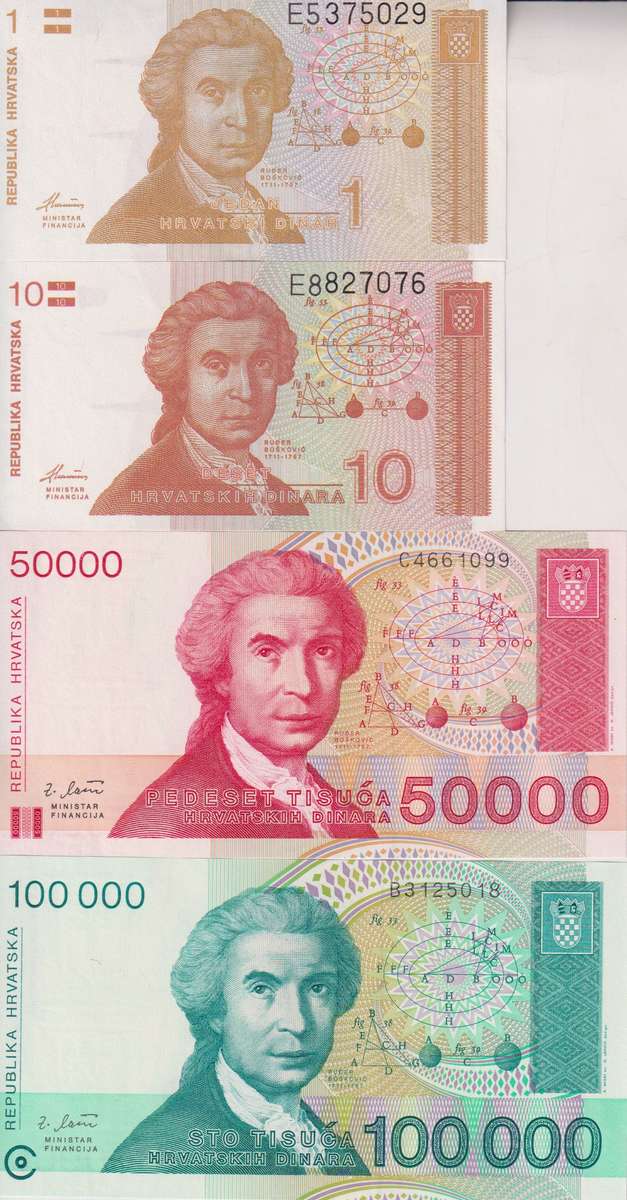 4 X CROATIA DINARA BANKNOTES UNC