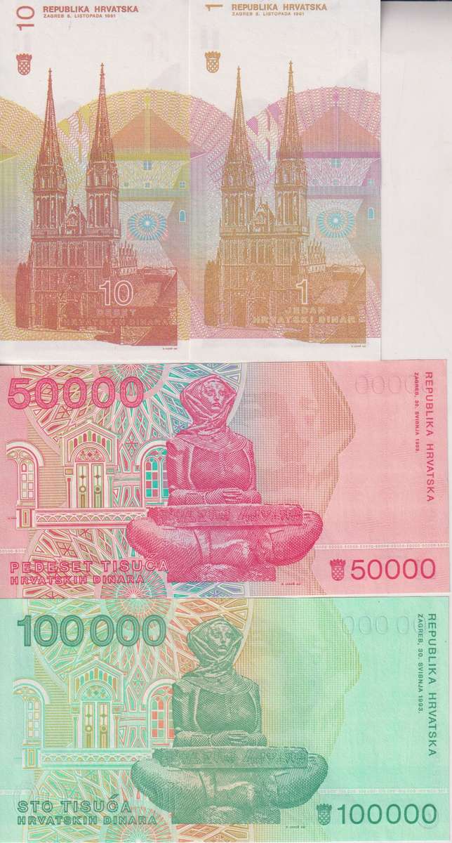 4 X CROATIA DINARA BANKNOTES UNC