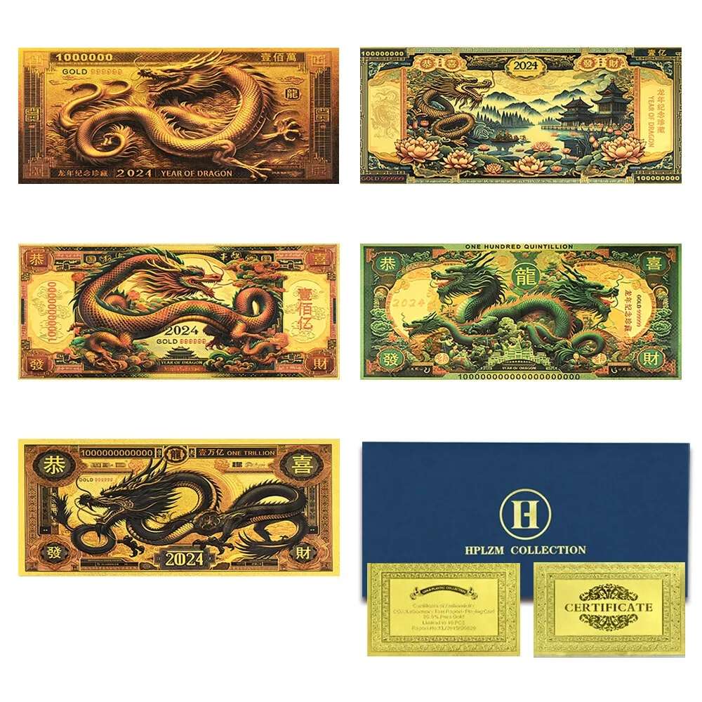 BEAUTIFUL!  Chinese Dragon Gold Foil Novelty Banknotes Set - BEAUTIFUL GIFT WITH CERTIFICATE