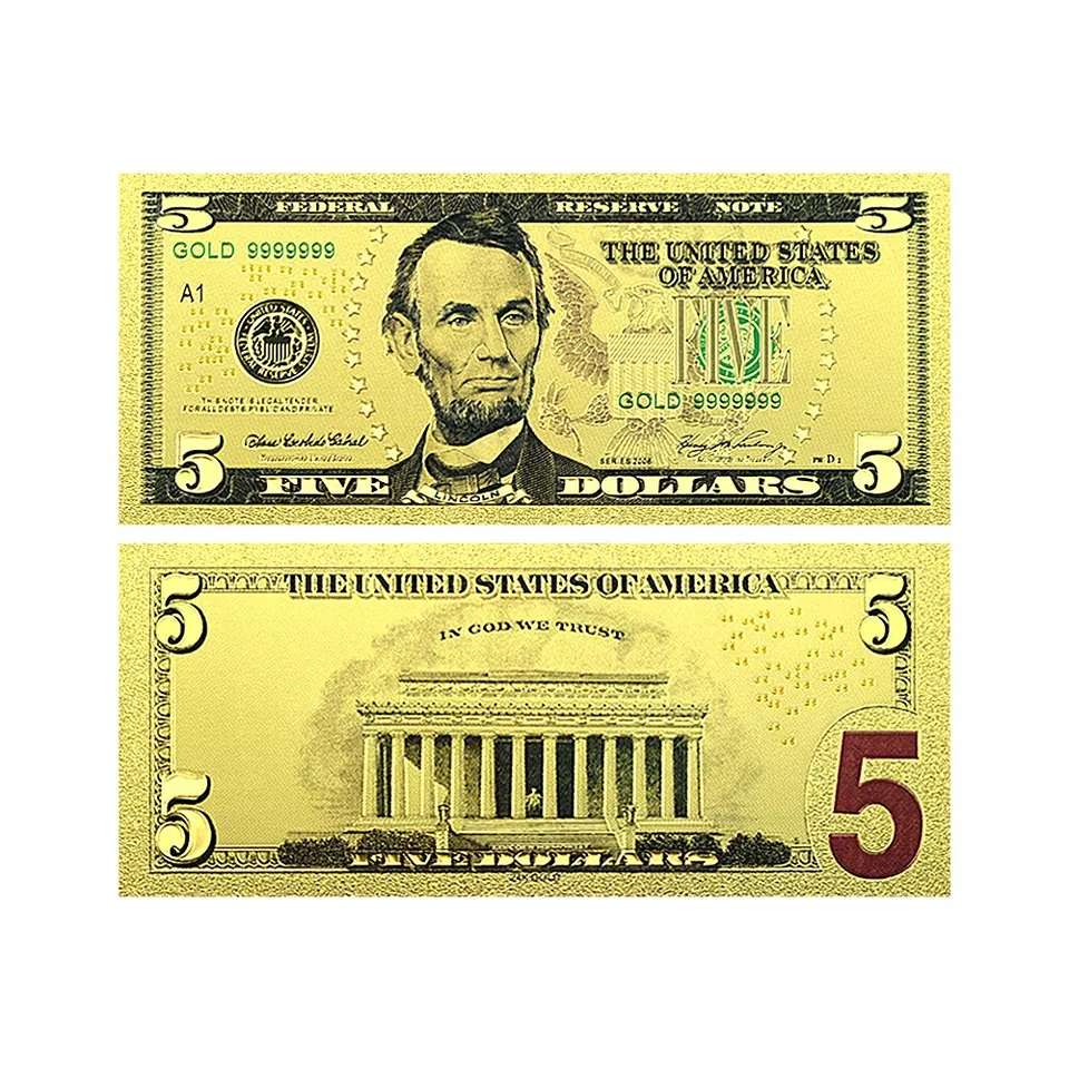 USA DOLLAR GOLD FOIL BANKNOTE 5 DOLLARS - ABRAHAM LINCOLN - BEAUTIFUL GIFT