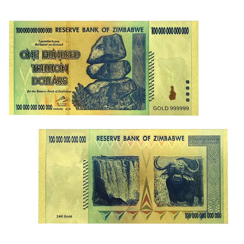 ZIMBABWE 100 TRILLION DOLLARS NOVELTY NOTE -  GOLD FOIL PLASTIC PLATED - BEAUTIFUL GIFT