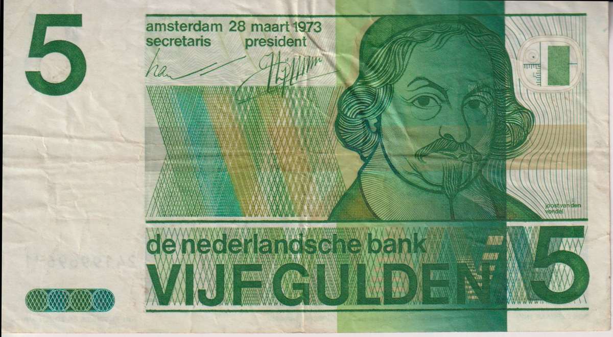 NETHERLANDS  5 GULDEN  1973 P95 VF