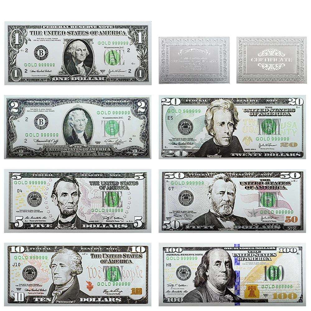 USA DOLLAR SILVER FOIL BANKNOTES - 1,2,5,10,20,50&100 DOLLAR SET - BEAUTIFUL GIFT WITH CERTIFICATE