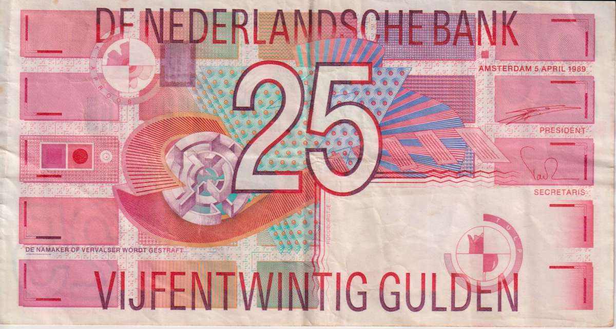 NETHERLANDS 25 GULDEN 1989 P100  VF