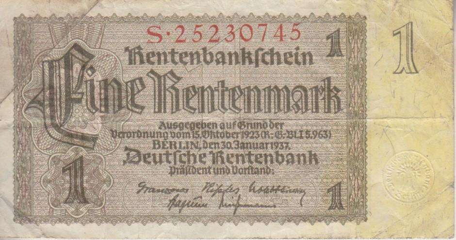 1 REITENMARK Mark (Reichsbanknote) 1937 P173 VF
