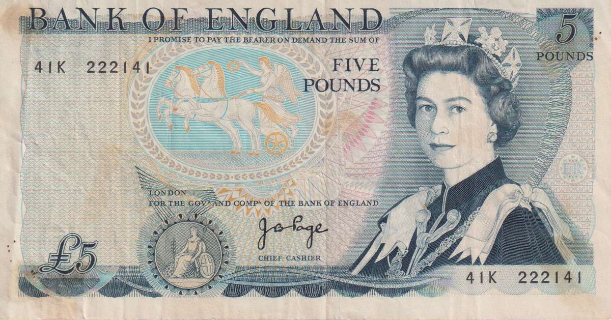Bank of England Great Britain 5 Pounds 1980-87 `Page` P378 VF