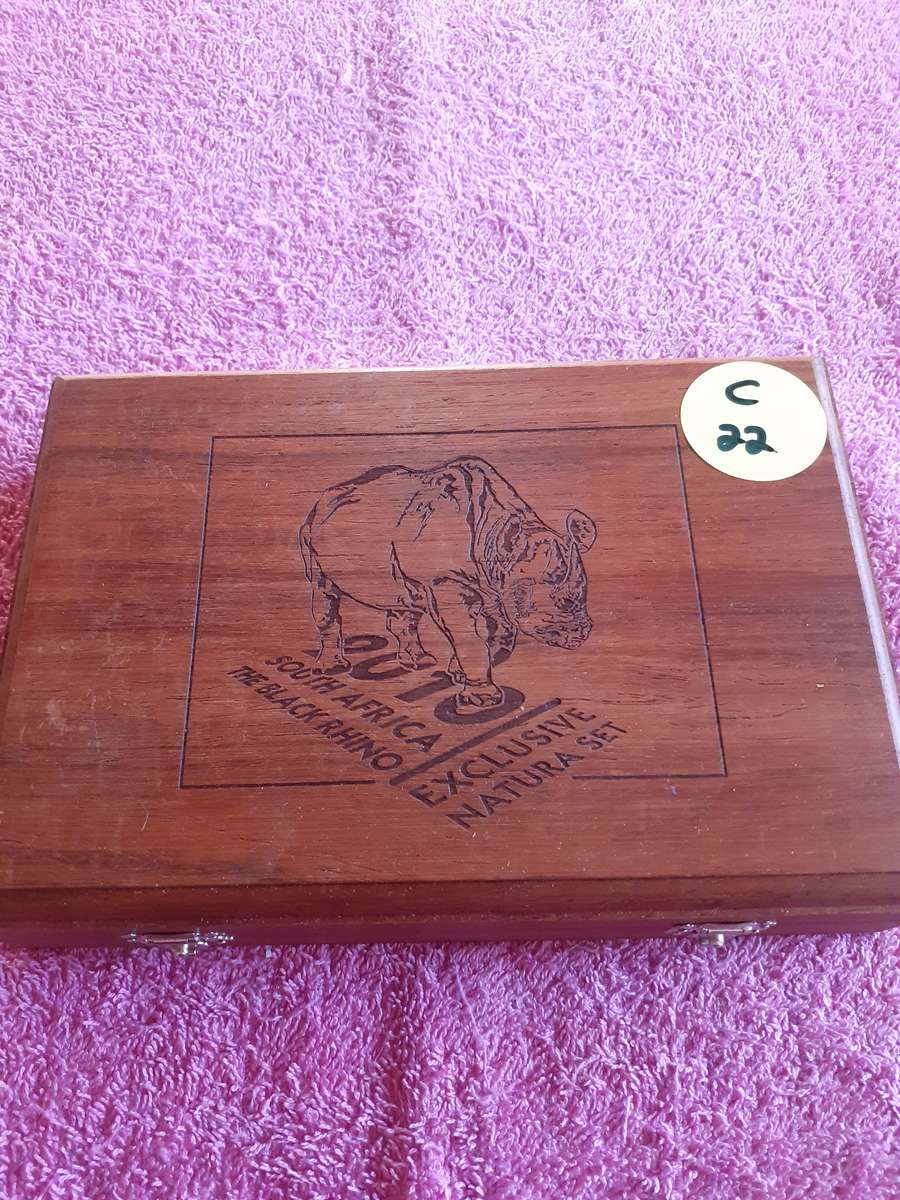 Empty Wooden Coin Holder Box. South African - The Black Rhino - Exclusive Nature Set