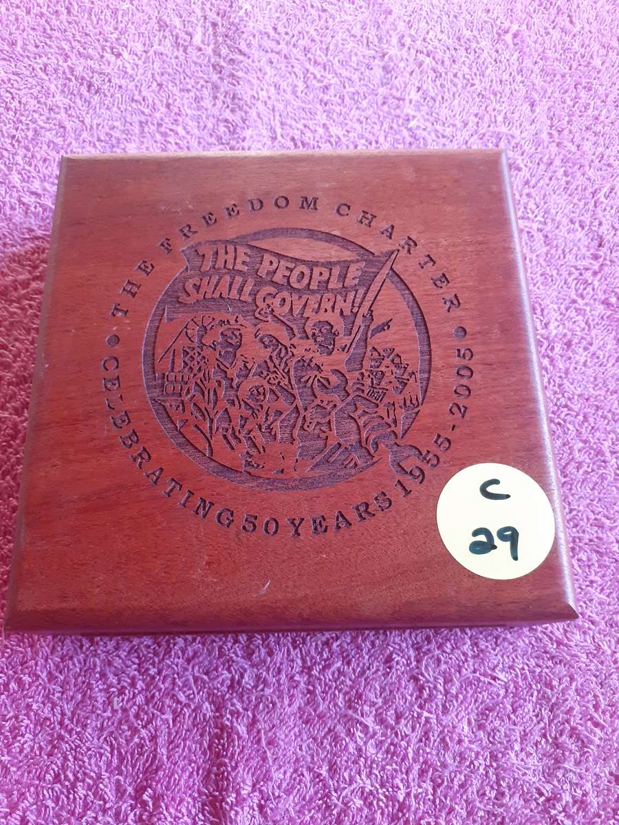 Empty Wooden Coin Holder Box. The Freedom Charter - Celebrating 50 Years 1955 - 2005