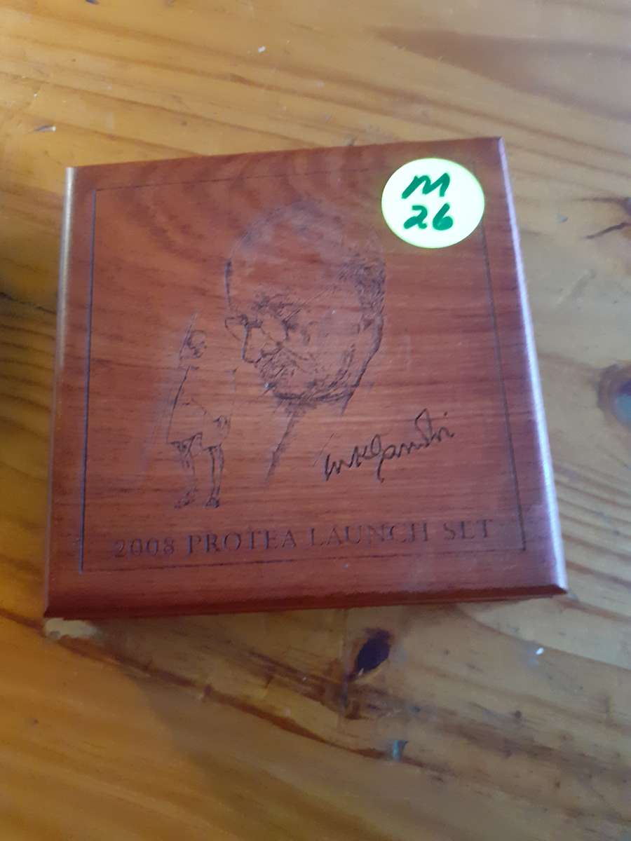 Empty Wooden Coin Holder Box. Ghandi  2008 Protea Lauch Set