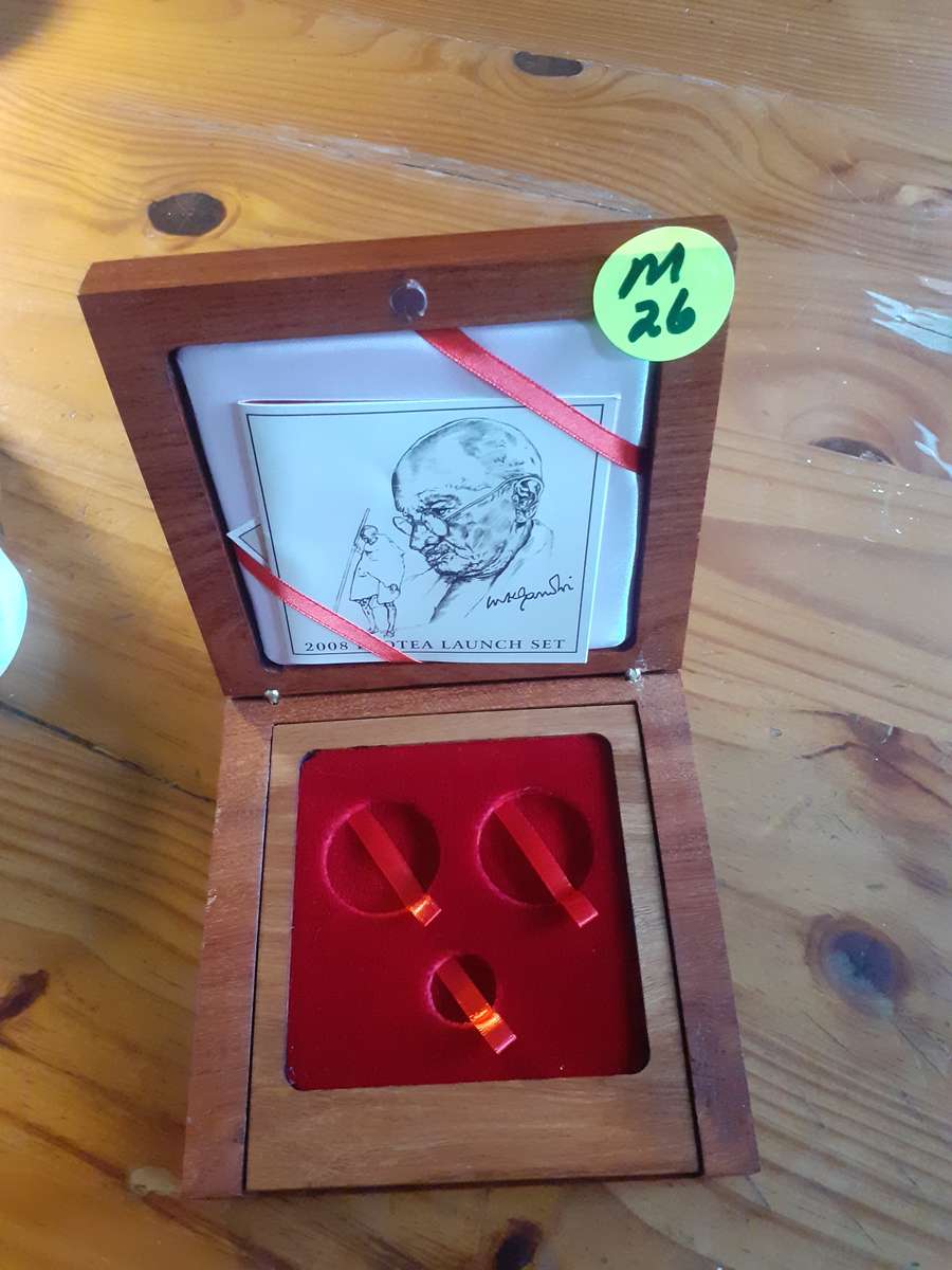 Empty Wooden Coin Holder Box. Ghandi  2008 Protea Lauch Set