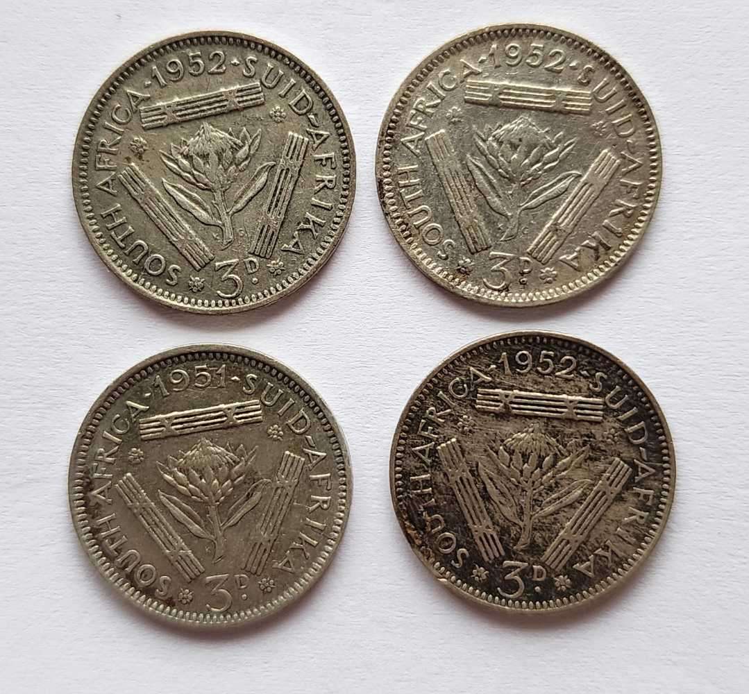1951,3×1952 Threepence coins