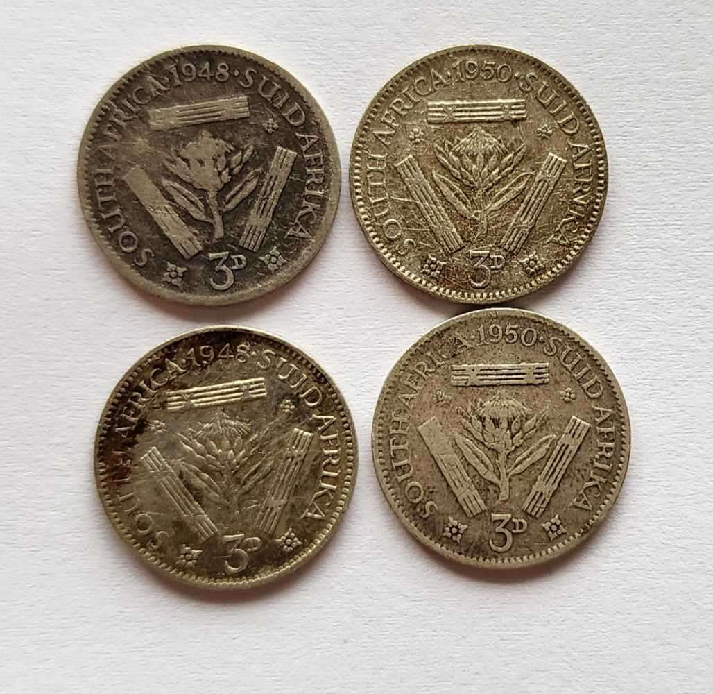 2×1948 and 2×1950 Threepence coins