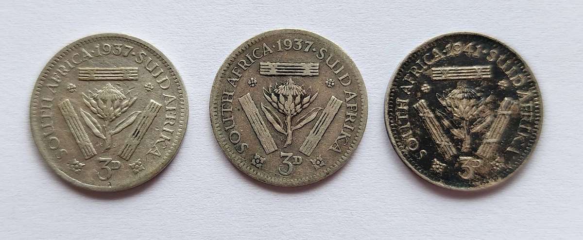 1941 and 2×1937 Threepence coins