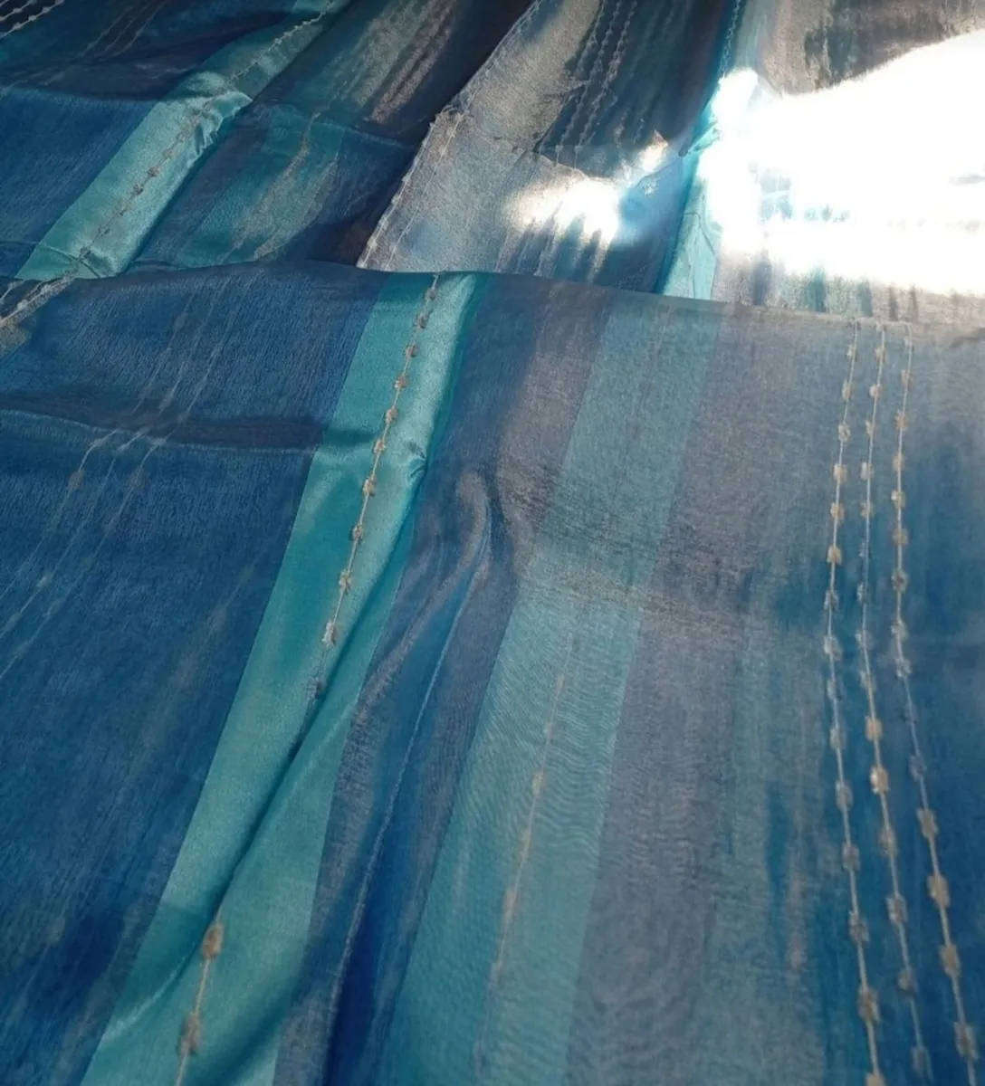 Blue sheer organza, striped lace curtain 7,5m