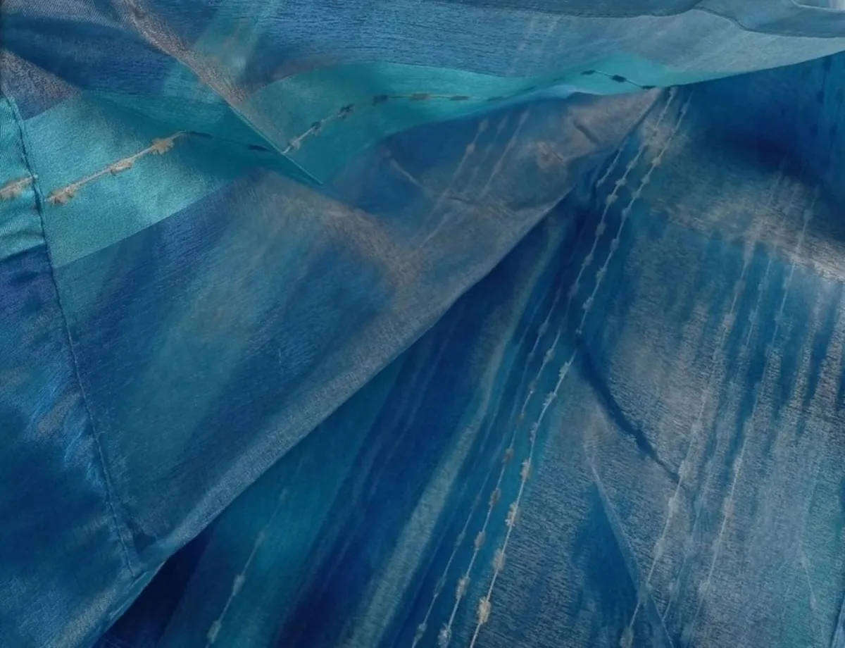 Blue sheer organza, striped lace curtain 7,5m
