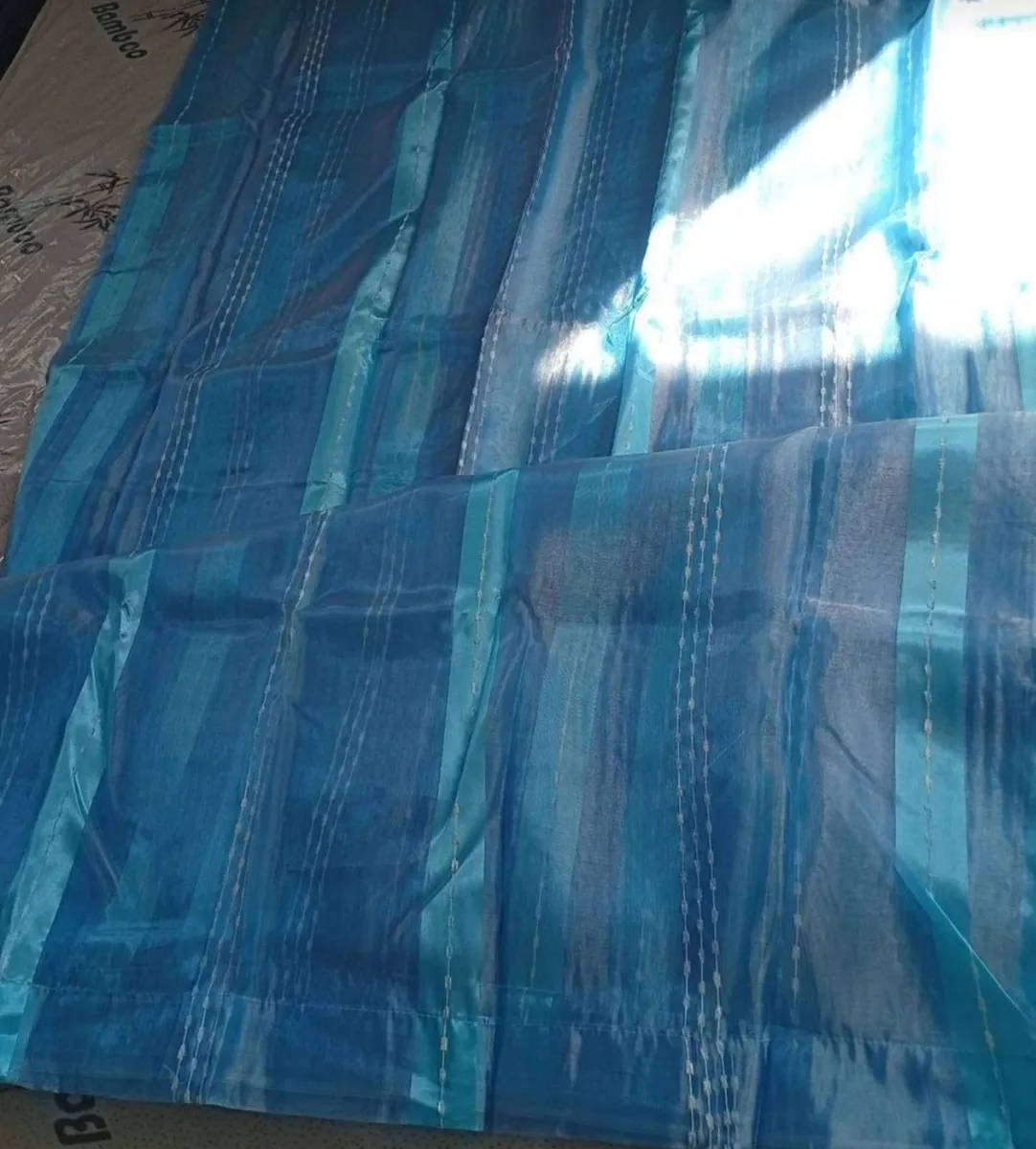 Blue sheer organza, striped lace curtain 7,5m