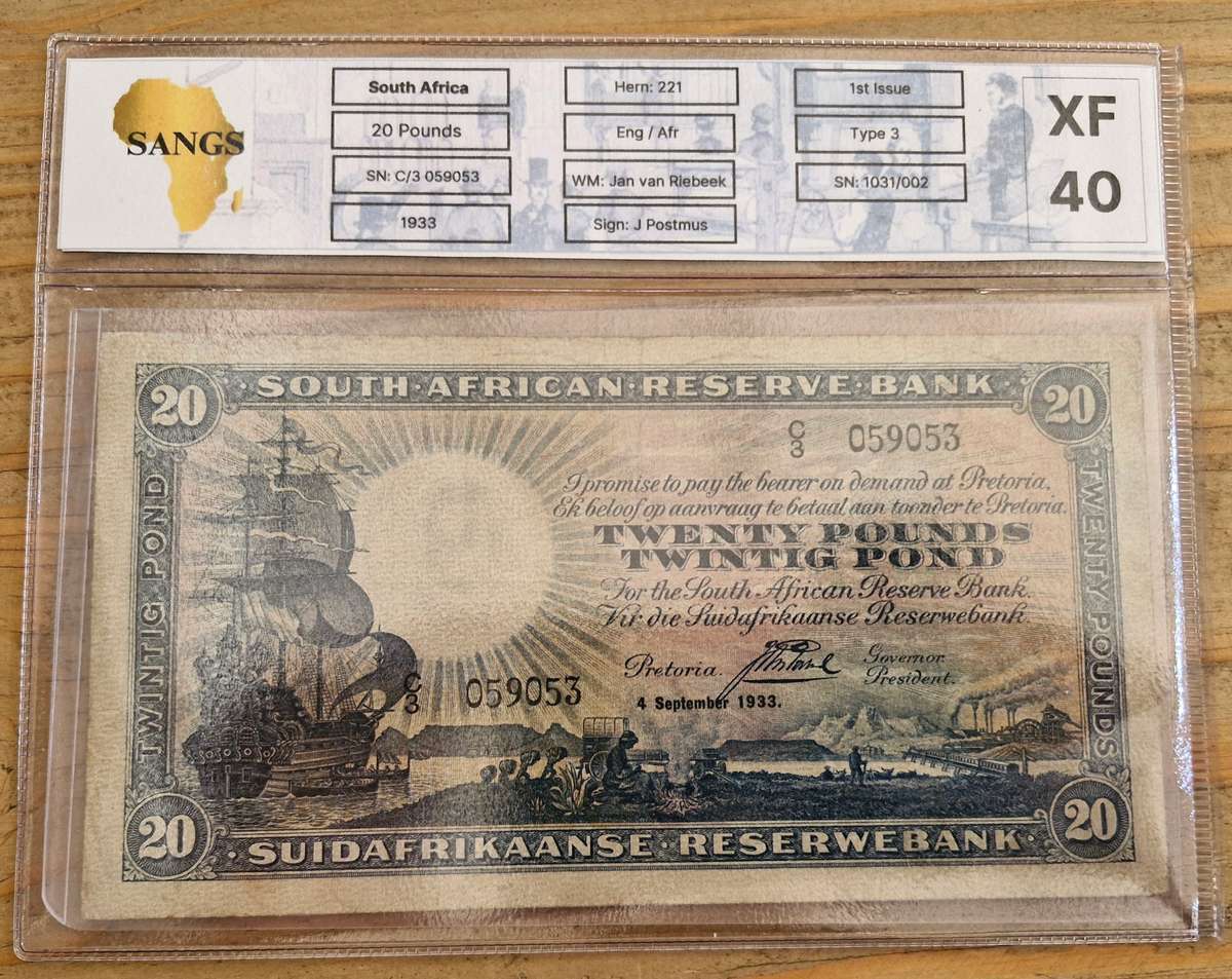 1933 South Africa J Postmus 20 Pounds Graded XF40