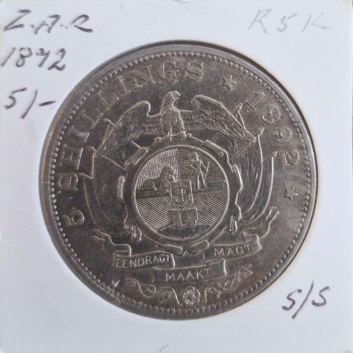 1892 ZAR Kruger Single Shaft 5 Shillings