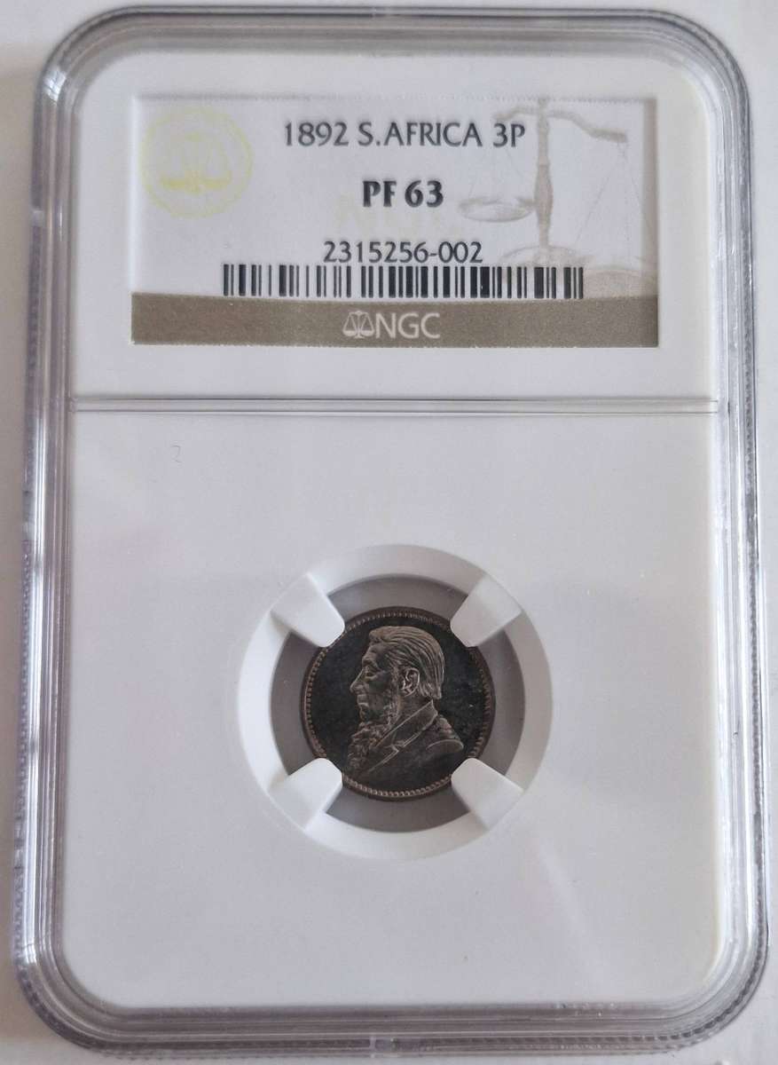 *1892 ZAR Kruger Proof 3 Pence NGC Graded PF63