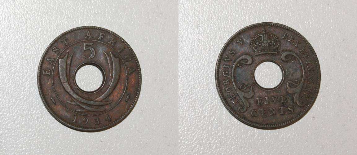 1934 East Africa 5 Cents XF/UNC