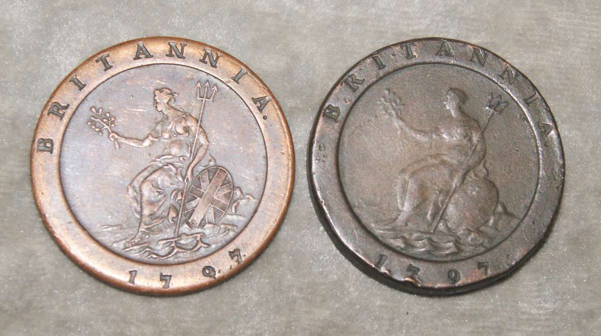 George III Cartwheel Penny 1797 11 Leaf variant with Van Riebeeck replica