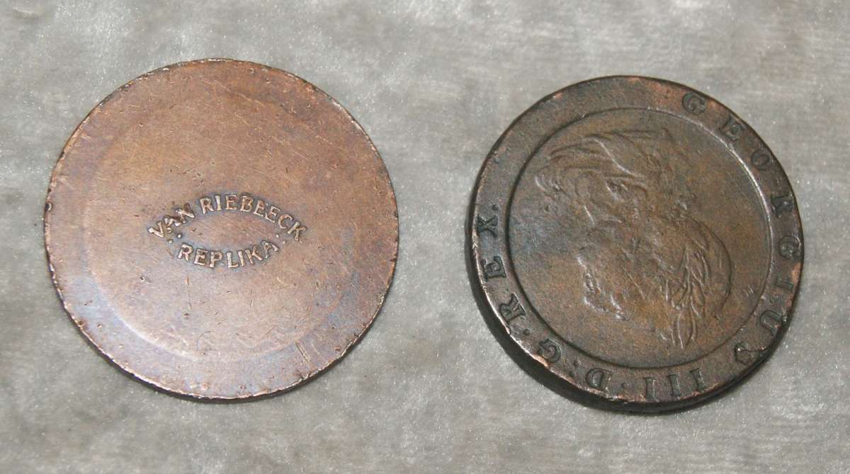 George III Cartwheel Penny 1797 11 Leaf variant with Van Riebeeck replica