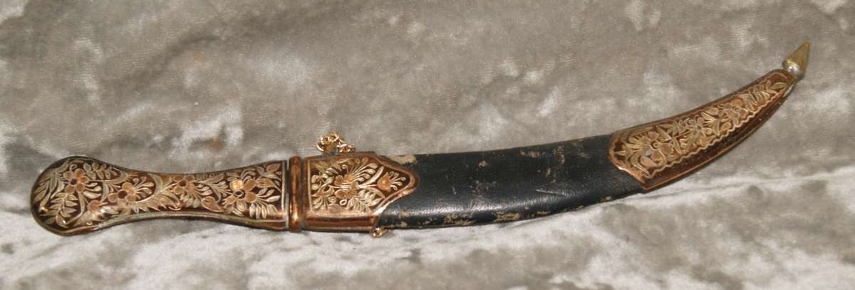 Moroccan style dagger with leather and etched copper scabbard